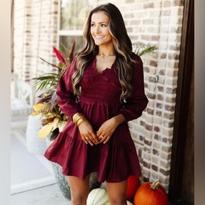 Burgundy Smocked Ruffled Bodice Mini Dress - Small